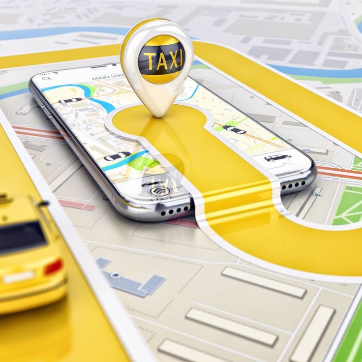 Illustrated person booking a cab on a phone with map and car